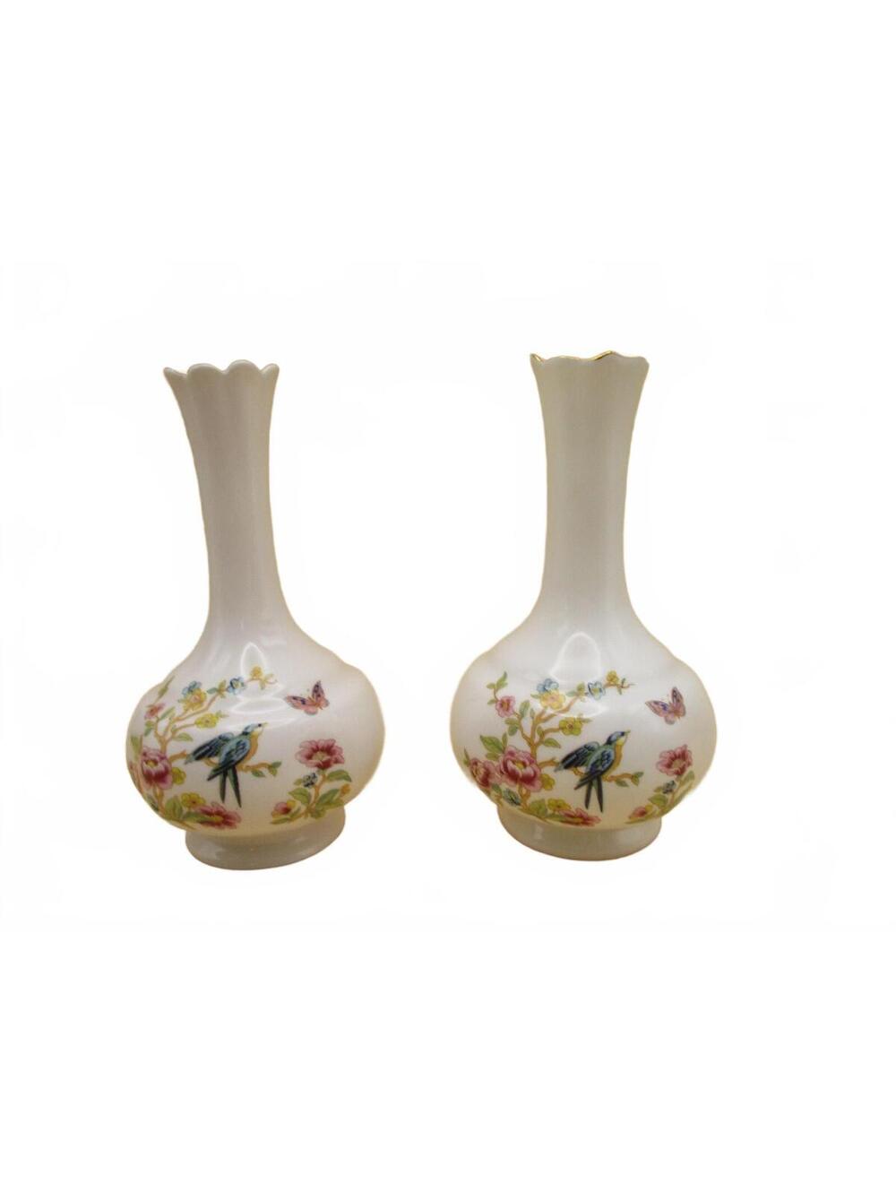 Vintage Chelson Fine Bone China Floral Bird Bud Vases Pair England Gold Rim MCM